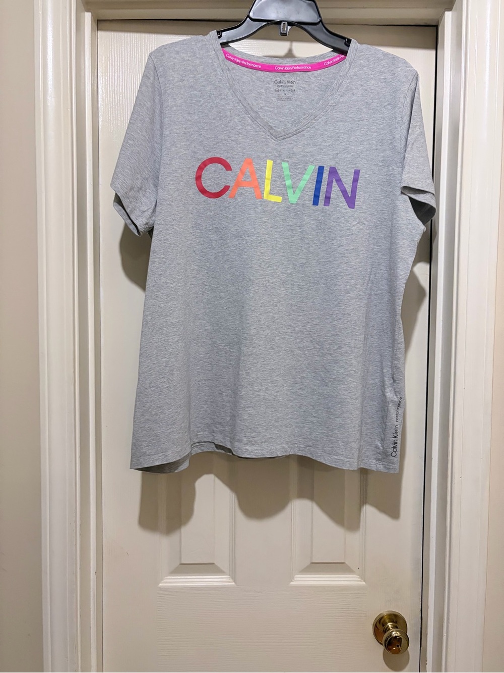 Calvin Klein Gray V-Neck Tee with Rainbow 'CALVIN' Logo